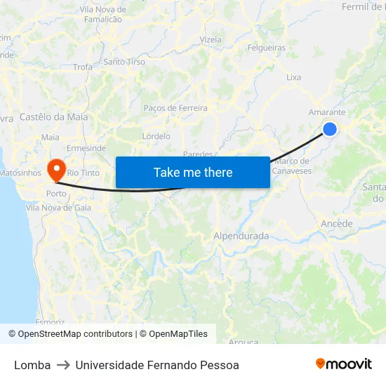 Lomba to Universidade Fernando Pessoa map