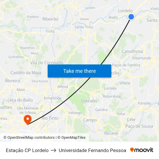 Estação CP Lordelo to Universidade Fernando Pessoa map