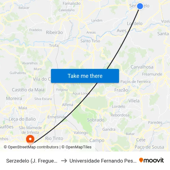 Serzedelo (J. Freguesia) to Universidade Fernando Pessoa map