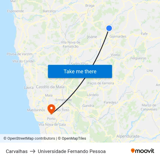 Carvalhas to Universidade Fernando Pessoa map