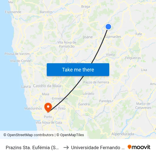 Prazins Sta. Eufémia (Serração) to Universidade Fernando Pessoa map