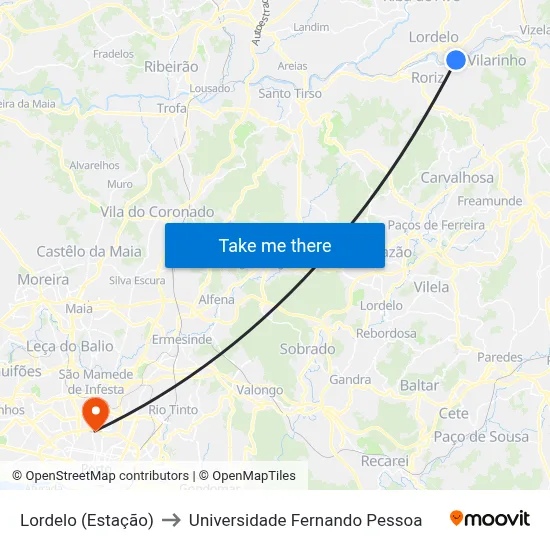 Lordelo (Estação) to Universidade Fernando Pessoa map