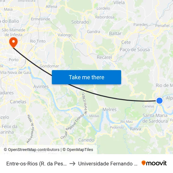 Entre-os-Rios (R. da Pesqueira) to Universidade Fernando Pessoa map
