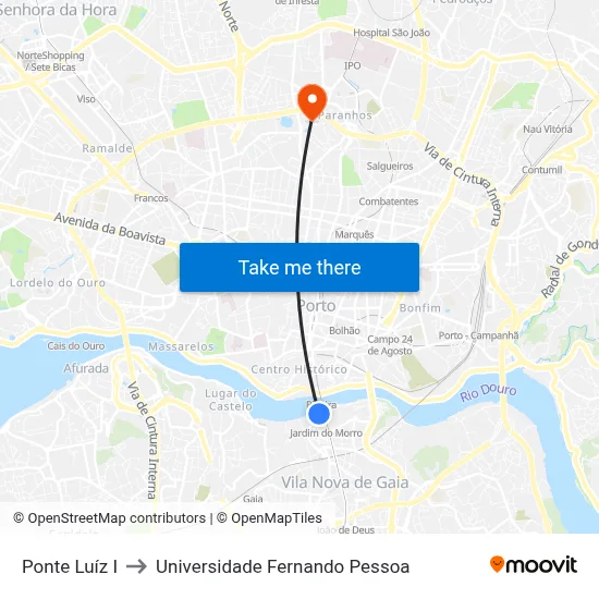 Ponte Luíz I to Universidade Fernando Pessoa map
