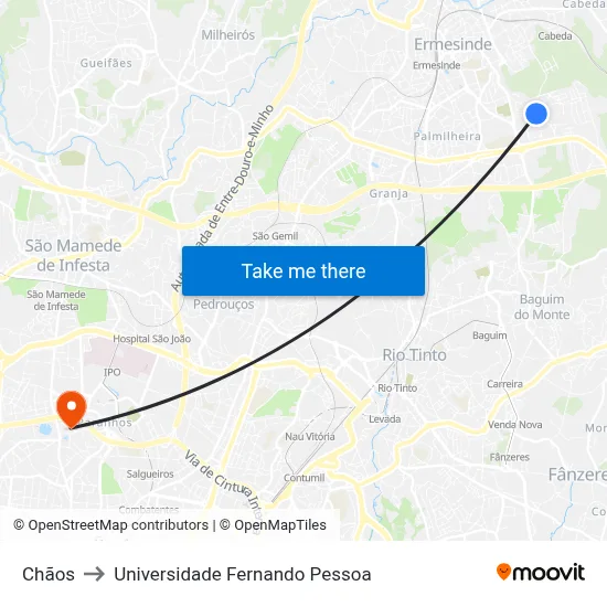 Chãos to Universidade Fernando Pessoa map