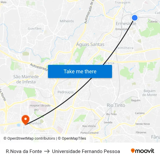 R.Nova da Fonte to Universidade Fernando Pessoa map