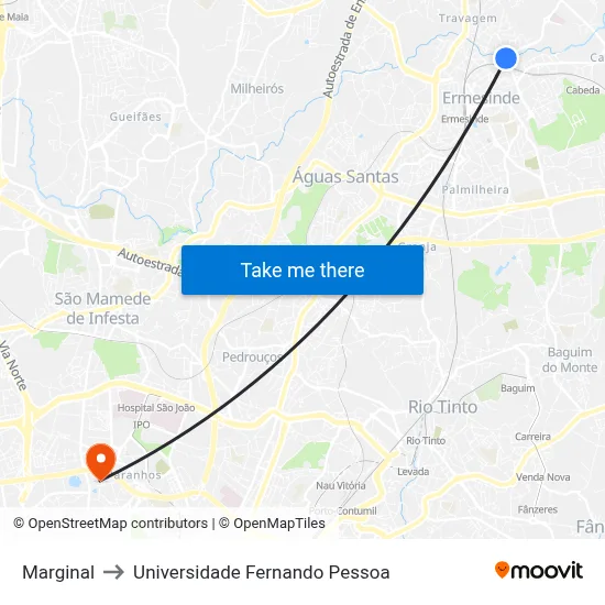 Marginal to Universidade Fernando Pessoa map