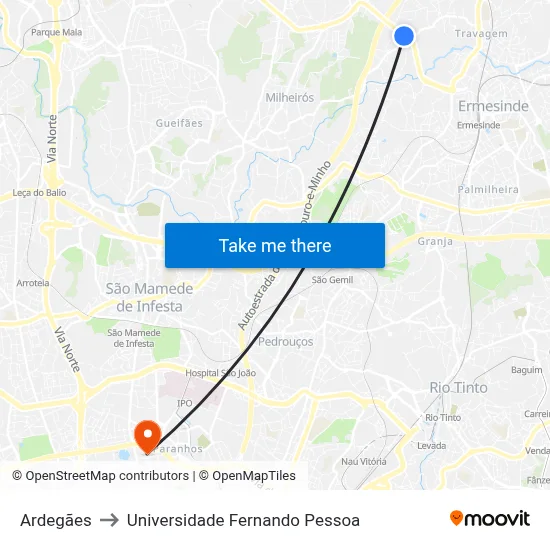 Ardegães to Universidade Fernando Pessoa map