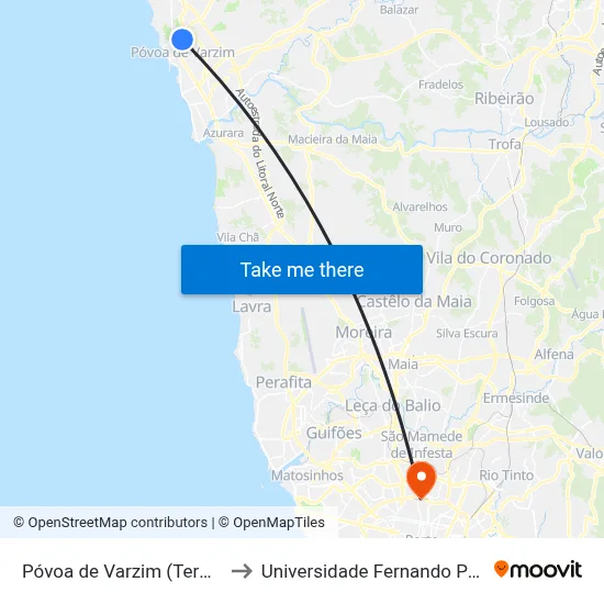 Póvoa de Varzim (Terminal) to Universidade Fernando Pessoa map