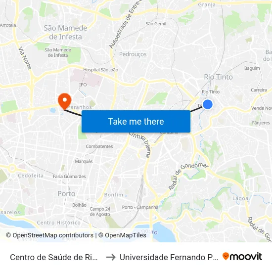 Centro de Saúde de Rio Tinto to Universidade Fernando Pessoa map