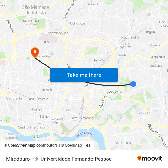 Miradouro to Universidade Fernando Pessoa map