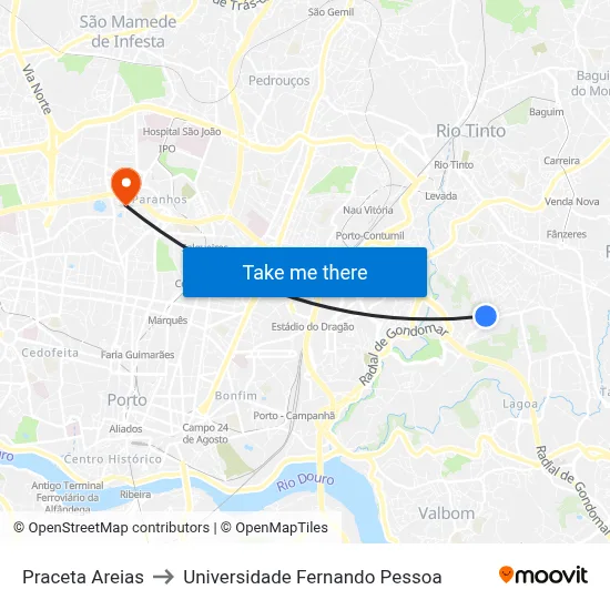 Praceta Areias to Universidade Fernando Pessoa map