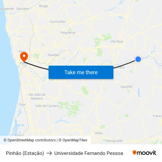 Pinhão (Estação) to Universidade Fernando Pessoa map