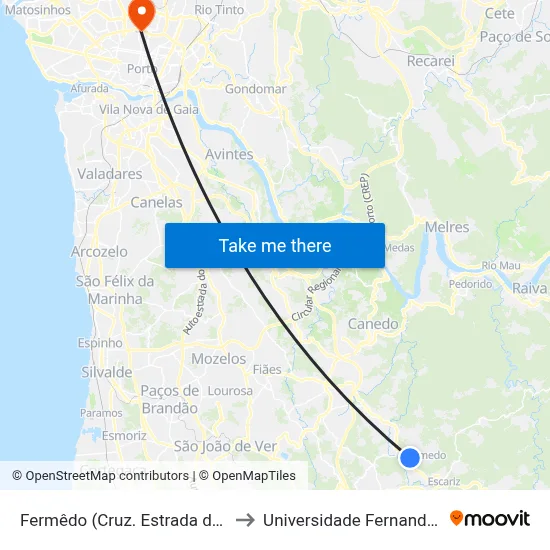 Fermêdo (Cruz. Estrada de Resumil) to Universidade Fernando Pessoa map