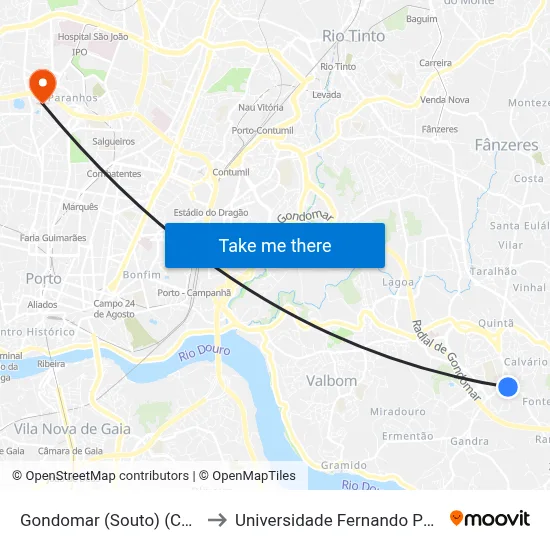 Gondomar (Souto) (Cais 5) to Universidade Fernando Pessoa map