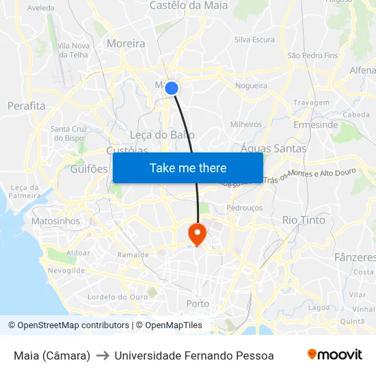 Maia (Câmara) to Universidade Fernando Pessoa map