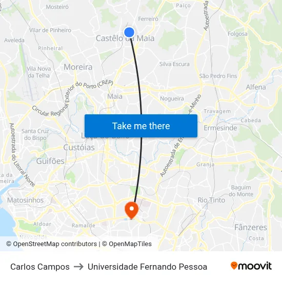 Carlos Campos to Universidade Fernando Pessoa map
