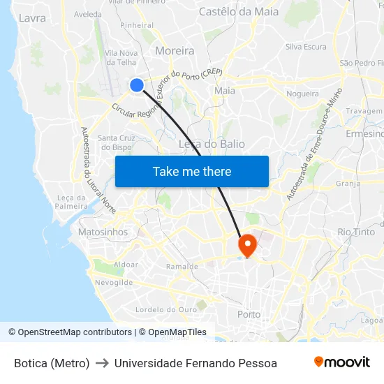 Botica (Metro) to Universidade Fernando Pessoa map