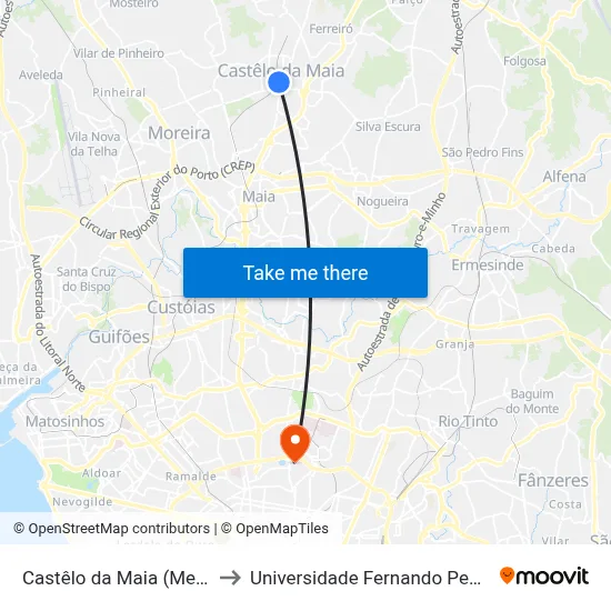 Castêlo da Maia (Metro) to Universidade Fernando Pessoa map