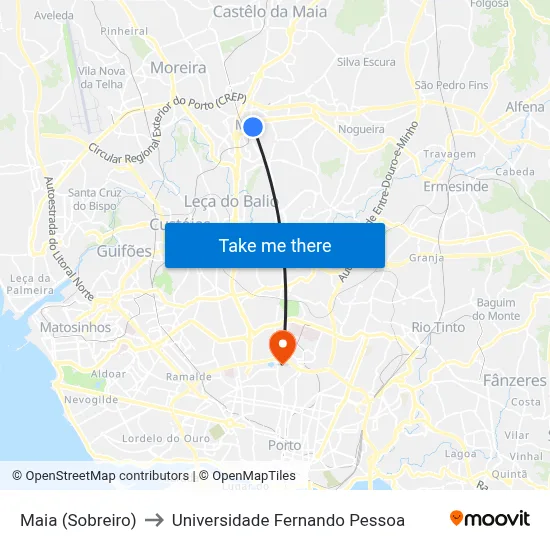 Maia (Sobreiro) to Universidade Fernando Pessoa map