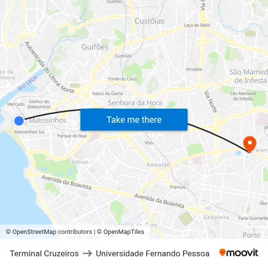 Terminal Cruzeiros to Universidade Fernando Pessoa map