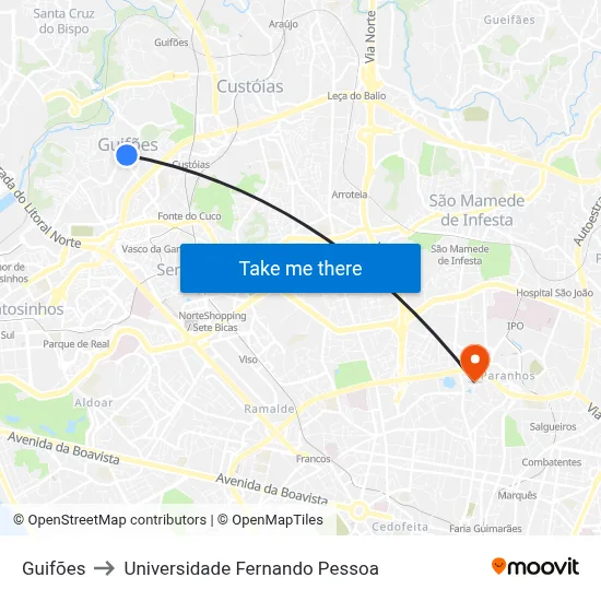 Guifões to Universidade Fernando Pessoa map