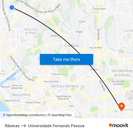 Ribeiras to Universidade Fernando Pessoa map