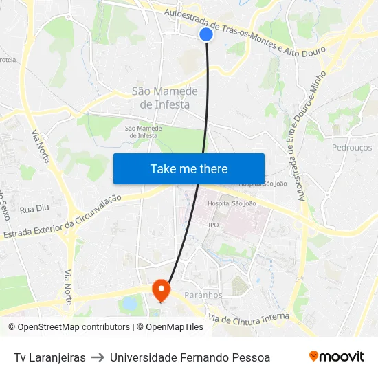 Tv Laranjeiras to Universidade Fernando Pessoa map