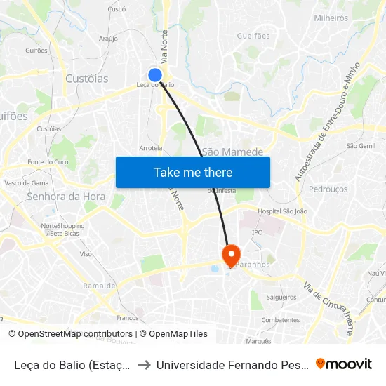 Leça do Balio (Estação) to Universidade Fernando Pessoa map