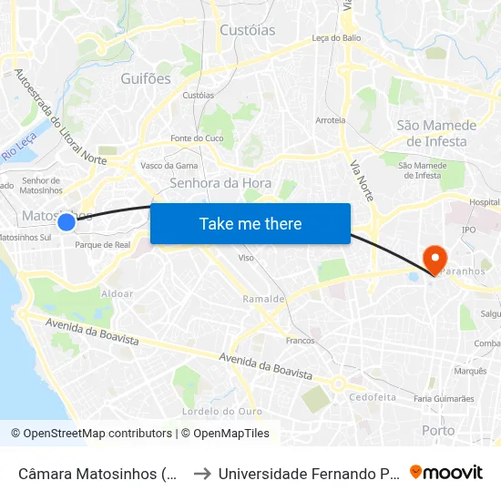 Câmara Matosinhos (Metro) to Universidade Fernando Pessoa map