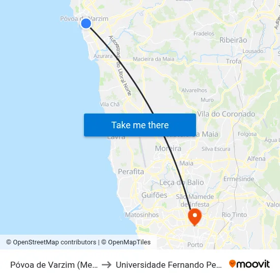 Póvoa de Varzim (Metro) to Universidade Fernando Pessoa map