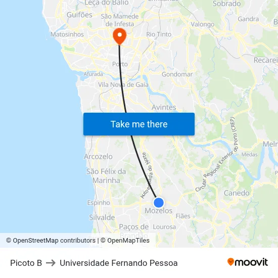 Picoto B to Universidade Fernando Pessoa map