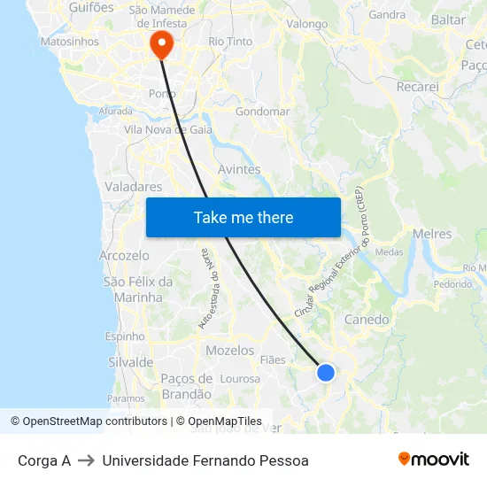 Corga A to Universidade Fernando Pessoa map
