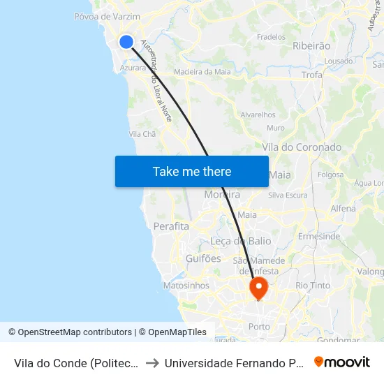 Vila do Conde (Politecnico) to Universidade Fernando Pessoa map