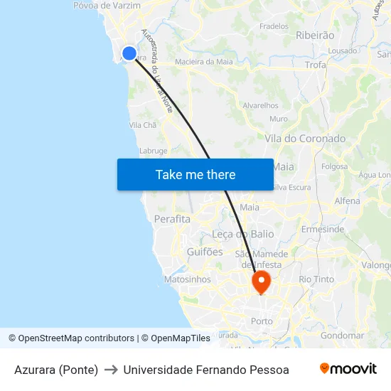 Azurara (Ponte) to Universidade Fernando Pessoa map