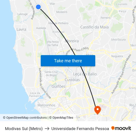 Modivas Sul (Metro) to Universidade Fernando Pessoa map