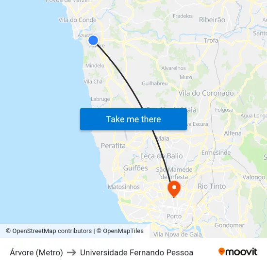 Árvore (Metro) to Universidade Fernando Pessoa map