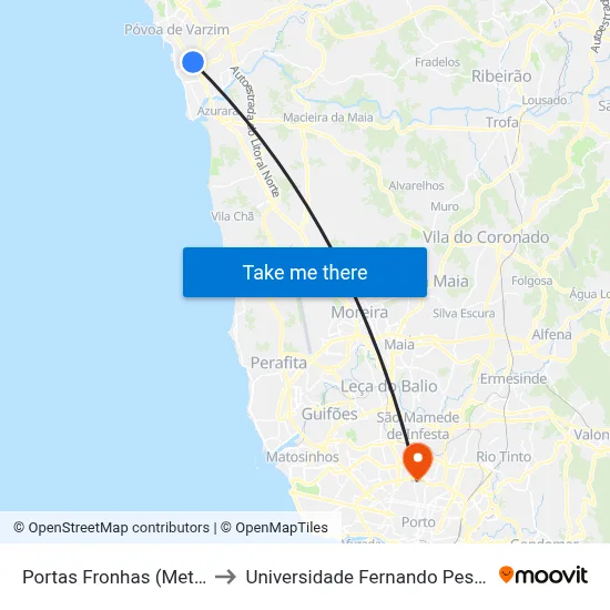 Portas Fronhas (Metro) to Universidade Fernando Pessoa map