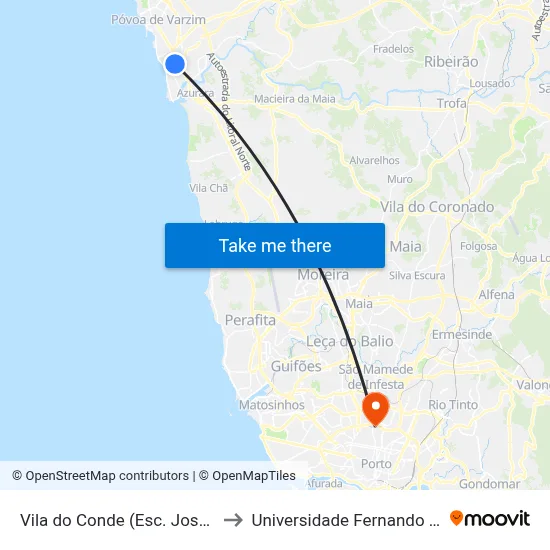 Vila do Conde (Esc. José Régio) to Universidade Fernando Pessoa map