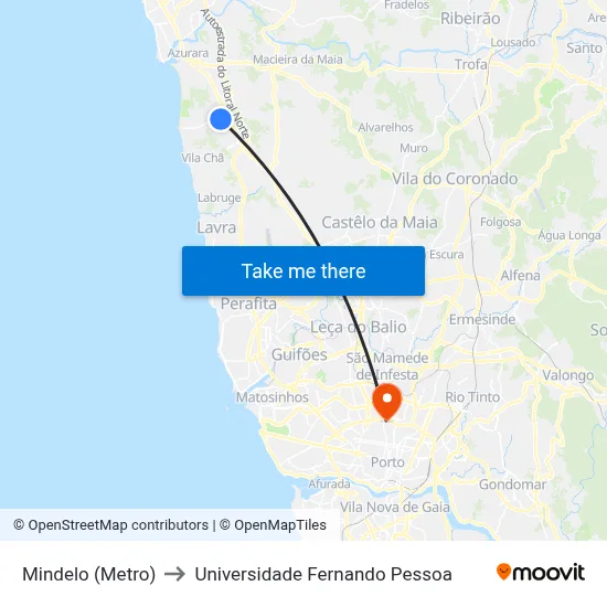 Mindelo (Metro) to Universidade Fernando Pessoa map