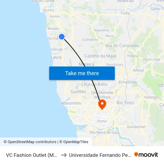 VC Fashion Outlet (Metro) to Universidade Fernando Pessoa map