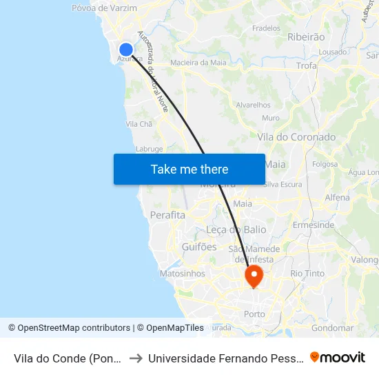 Vila do Conde (Ponte) to Universidade Fernando Pessoa map