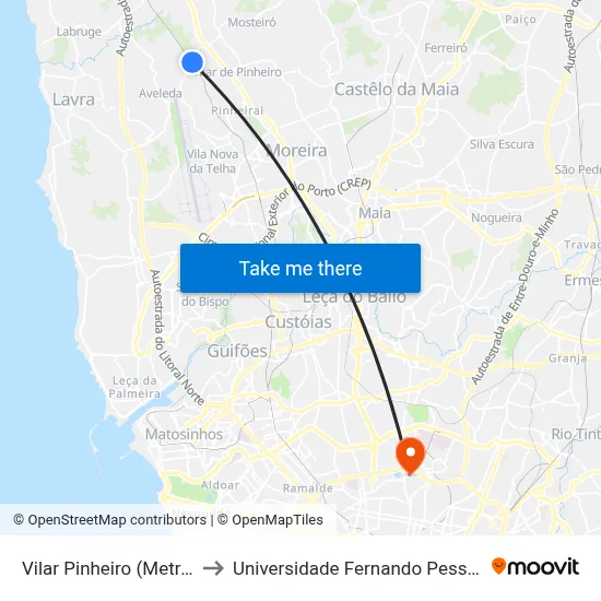 Vilar Pinheiro (Metro) to Universidade Fernando Pessoa map