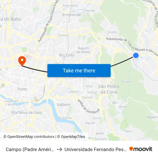 Campo (Padre Américo) to Universidade Fernando Pessoa map
