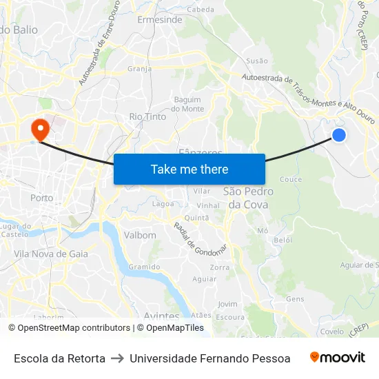 Escola da Retorta to Universidade Fernando Pessoa map