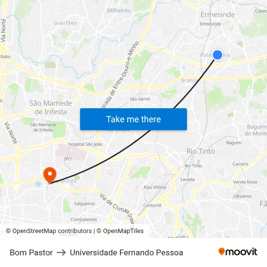 Bom Pastor to Universidade Fernando Pessoa map