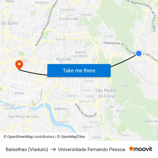 Balselhas (Viaduto) to Universidade Fernando Pessoa map