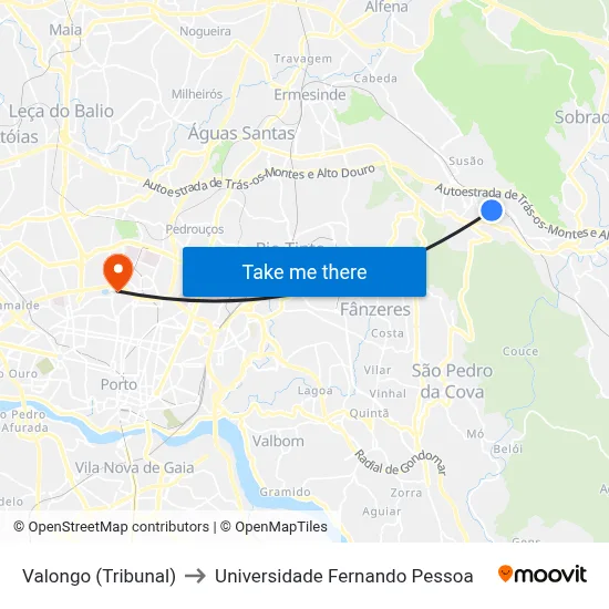 Valongo (Tribunal) to Universidade Fernando Pessoa map