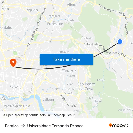 Paraiso to Universidade Fernando Pessoa map