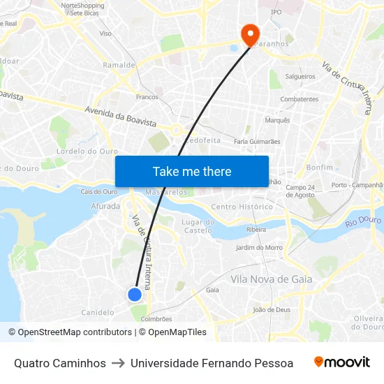 Quatro Caminhos to Universidade Fernando Pessoa map